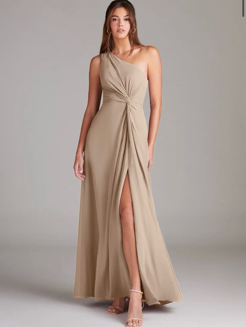 Azazie One-Shoulder Taupe Evening Gown with Knot Detail